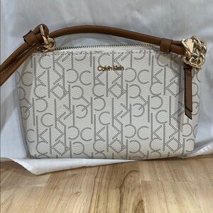 Calvin Klein White and Brown Shoulder Bag with Monogram Print